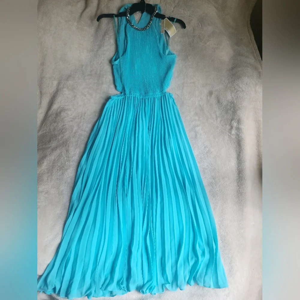 Michael Kors Halter Neck Pleated Cut-out Midi Dress turquoise Sz M & L…